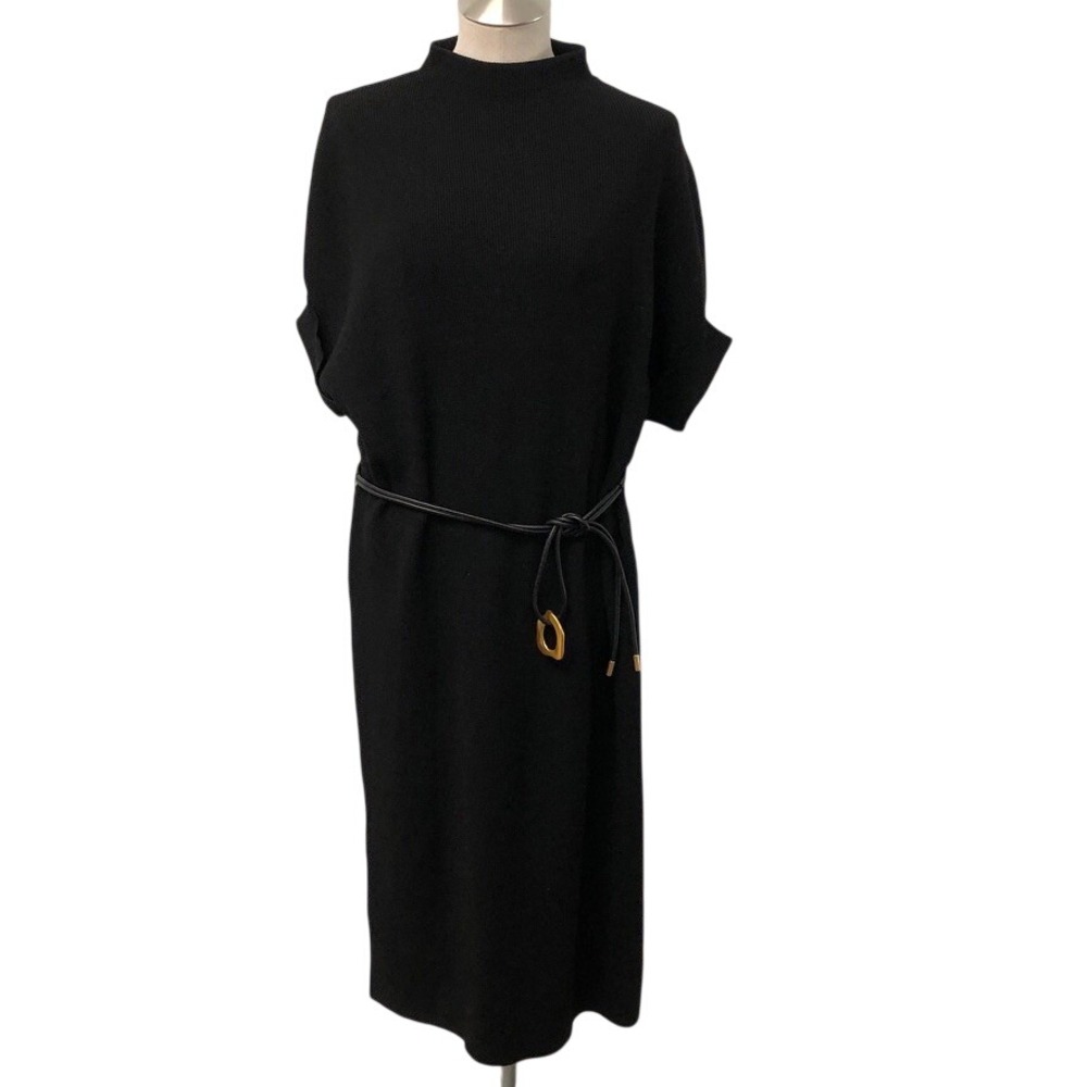Zara Midi Sweater Dress Womens Large Black Mock Neck Belted Knit Short Sleeve